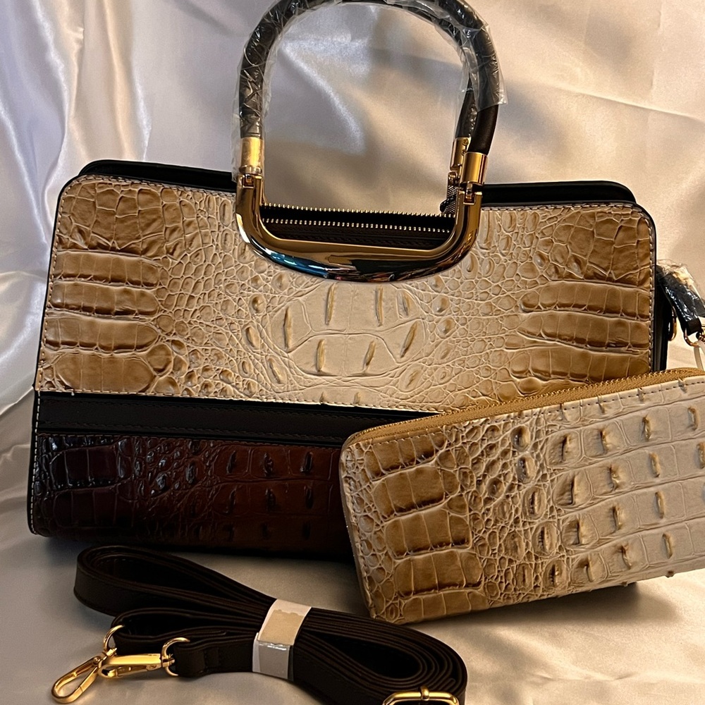 Elegant Croc-Embossed Tan and Brown Handbag Set